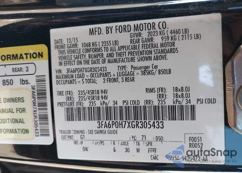 2016 Ford Fusion Se из США, поврежденный, VIN 3FA6P0H7XGR305433